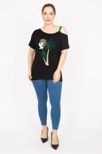 Kadın Siyah Büyük Beden Taş Ve Askı Detaylı Bluz