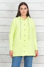 Women's Green Cotton Fabric Hooded Front Button Sweatshirt 65N20439