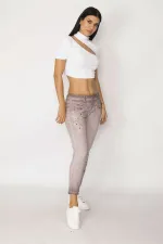 KADIN LİLA YIKAMALI GABARDİN KUMAŞ DANTEL VE BONCUK İŞLİ PANTOLON