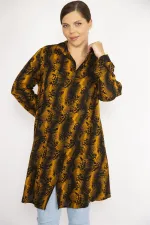Kadın Büyük Beden Hardal Ön Düğmeli Uzun Kollu Gömlek