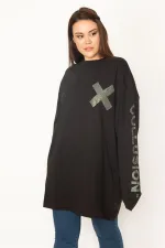 Kadın Siyah Büyük Beden Pamuklu Kumaş Taş Detaylı Tunik 65N35776