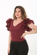 Kadın Büyük Beden Bordo Volan Kollu Arka Gizli Fermuarlı Bluz 65N37533
