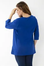 Kadın Büyük Beden Kemik Pamuklu Kumaş Pile Detaylı Kapri Kollu Bluz 65N37225