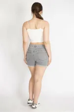 Kadın Gri Büyük Beden Duble Paça Likralı Kot Şort
