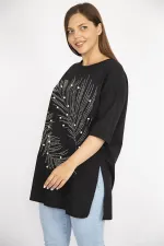 Kadın Büyük Beden Siyah Taş Ve İnci İşli Bisiklet Yakalı Yan Yırtmaçlı Bluz
