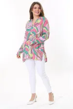 Kadın Büyük Beden Renkli Dokuma Viskon Kumaş Yan Yırtmaçlı V Yakalı Tunik 65N37789