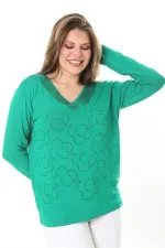 Kadın Büyük Beden Saks V Yakalı Taş Detaylı Uzun Kollu Bluz 65N37153