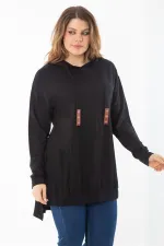 Kadın Büyük Beden Siyah Arkası Uzun Yan Yırtmaçlı Kapşonlu Sweatshirt 65N37310
