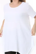 Kadın Büyük Beden Beyaz Bürümcük Kumaş Etek Ucu Kup Detaylı Kısa Kollu Bluz 65N37857