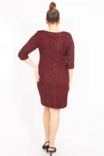 Kadın Bordo Simli Buklet Kumaş Astarlı Elbise 65N35530