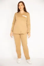 Kadın Camel V Yakallı Bluz Pantolon Takım 65N34658