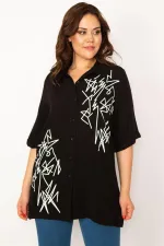 Kadın Mor Ön Düğmeli Baskı Detaylı Dokuma Viskon Kumaş Gömlek 65N33535