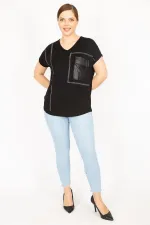 Kadın Siyah Büyük Beden Taş Ve Suni Deri Garnili Düşük Kollu Bluz