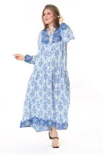 Kadın Büyük Beden Mavi Dokuma Viskon Kumaş Ön Düğmeli Uzun Elbise 65N37860