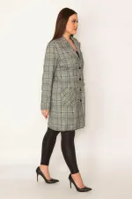 KADIN GRİ EKOSE DESENLİ ASTARSIZ ÖN DÜĞMELİ CEPLİ UZUN CEKET