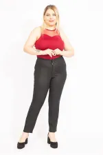 Kadın Kahve Büyük Beden Suni Deri Gizli Kemer Cepsiz Pantolon 65N35581