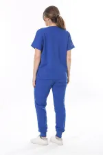 Kadın Büyük Beden Saks Taş Detaylı Kısa Kollu Sweatshirt Pantolon Takım 65N37702