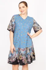 Kadın Mavi Büyük Beden Dokuma Viskon Kumaş Şal Desenli Elbise 65N35834