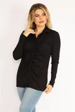 Kadın Siyah Ön Düğmeli Büzgü Detaylı Likralı Bluz 65N34856