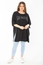 Kadın Büyük Beden Siyah Sim Detaylı Yan Yırtmaçlı Bluz 65N37452