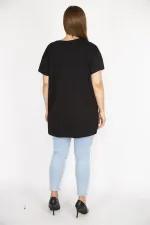 Kadın Beyaz Büyük Beden Önü Flok Bisiklet Yakalı Kısa Kollu Bluz