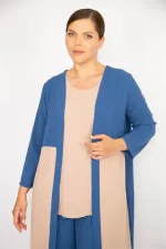 Kadın Büyük Beden İndigo Hırka İç Bluz Ve Pantolon Üçlü Takım