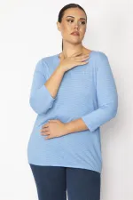 Kadın Mavi Etek Ucu Lastik Detaylı Kapri Kol İnce Çizgili Bluz 65N34394