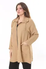 Kadın Büyük Beden Camel Keten Dokuma Ön Fermuar Ve Cepli Astarsız Ceket 65N37787