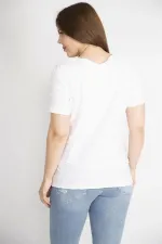 Kadın Beyaz Büyük Beden Pamuklu Kumaş Bisiklet Yakalı Kısa Kollu Bluz