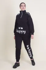 Kadın Gri Pat Fermuar Detaylı Şardonlu Baskılı Eşofman Takım 65N21019