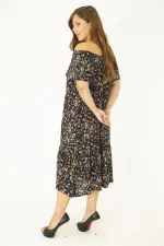 Kadın Büyük Beden Renkli Dokuma Viskon Kumaş Yakası Lastik Ve Volan Detaylı Elbise 65N36916