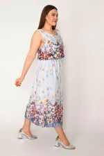 Kadın Mavi Bel Kısmı Lastikli Desenli Elbise 65N33217