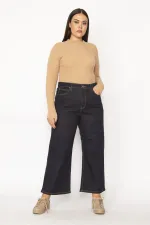 Kadın Lacivert Geniş Paçalı Yüksek Bel 5 Cepli Likralı Kot Pantolon 65N29279