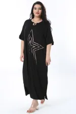 Kadın Büyük Beden Siyah Rahat Kesim Taş Detaylı Elbise 65N38202