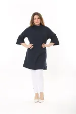 Kadın Büyük Beden Lacivert Dik Yakalı Kendinden Desenli Kapri Kollu Tunik Elbise 65N37518