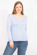 Kadın Bebe Mavisi Büyük Beden Bisiklet Yakalı Ön Baskılı Bluz 65N35567