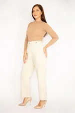 Kadın İndigo Ön Cepli Paçası Düğme İle Duble Paça Boy Ayarlı Gabardin Kumaş Pantolon 65N34888