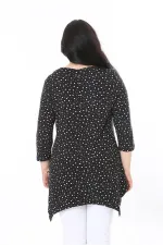 Kadın Büyük Beden Siyah Göğüs Büzmeli Puan Desenli Kapri Kollu Bluz 65N37949