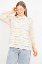 Kadın Renkli Büyük Beden Pamuklu Kumaş Ön Pat Fermuarlı Renkli Bluz 65N35570