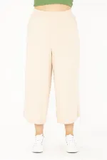 Kadın Büyük Beden Bej Geniş Paçalı Beli Lastikli Yan Cepli Viskon Pantolon 65N36807