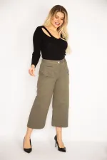 Kadın Haki Likralı Gabardin Kumaş Ön Cepli Pantolon 65N35249