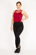 Kadın Siyah Büyük Beden Paçası Dantel Detaylı Toparlayıcı Tayt Pantolon