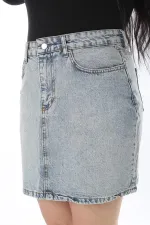 Kadın Büyük Beden Mavi Yıkama Efektli Kot Etek 65N38500