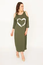 KADIN HAKİ OMUZ DEKOLTELİ ÖN BASKILI ELBİSE