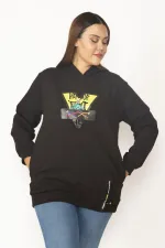 Women's Black Digital Print and Hooded Detailed Side Pocket Sweatshirt 65N30090