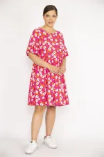 Kadın Büyük Beden Renkli Bisiklet Yakalı Volan Kollu Belden Büzgülü Elbise