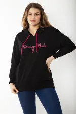 Women's Plus Size Black Hooded Kangaroo Pocket Sweatshirt 65N37197