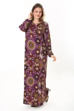 Kadın Büyük Beden Kahve Yaka Bağcıklı Uzun Kollu Maksi Boy Elbise 65N37866