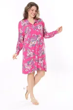 Kadın Büyük Beden Renkli Düğmeli Gömlek Yakalı Kol Ağzı Lastikli Elbise 65N37967