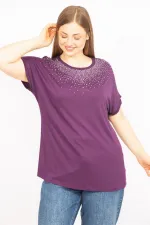 Kadın Mürdüm Büyük Beden Taş Detaylı Düşük Kol Bluz 65N35636